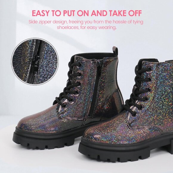 starmerx Girls Ankle Boot grey Lace Up Side Zipper Comfortable shiny upper - Picture 3 of 6